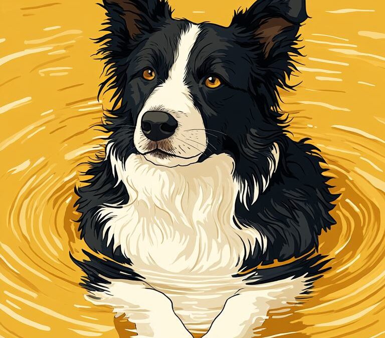 Border Collie w wodzie na żółtym tle
