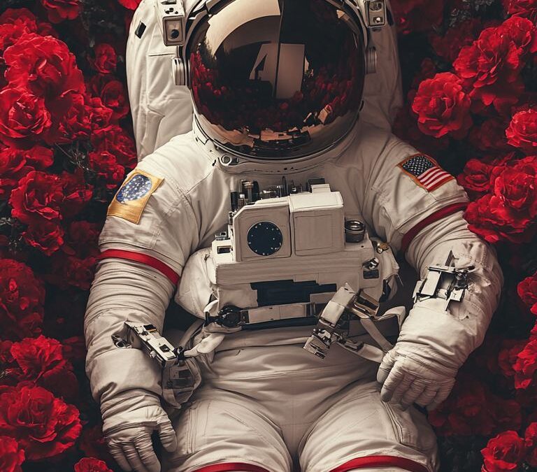 Astronauta wśród czerwonych róż