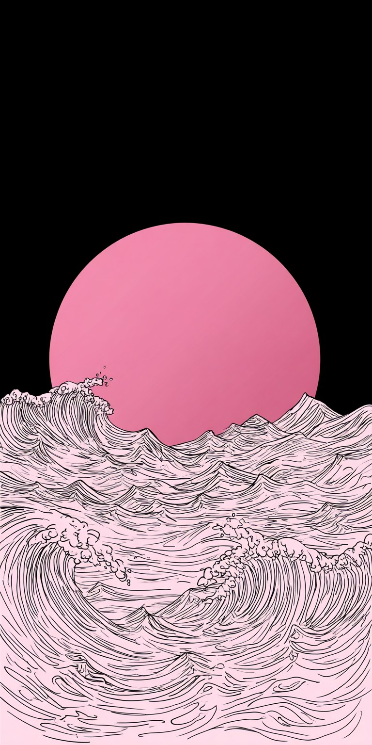 Tapeta na telefon z różowymi falami i dużym słońcem, ilustracja line-art